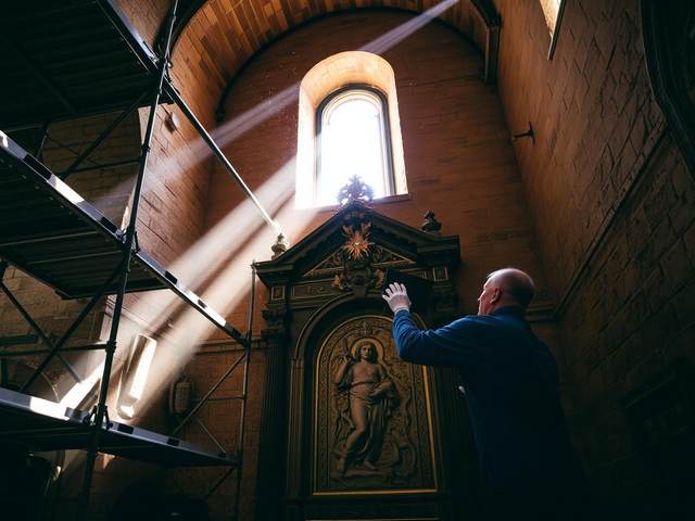 Restauración de un retablo histórico con andamios en el interior de una iglesia