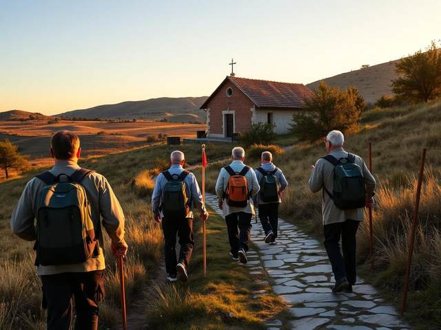 Grupo de peregrinos caminando hacia una ermita al atardecer