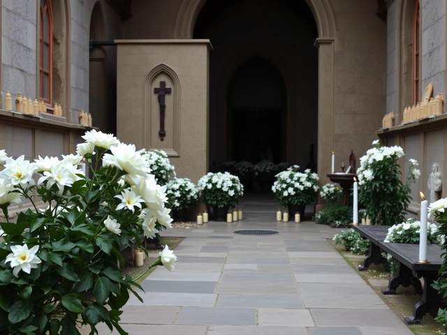 Patio de una capilla con flores blancas y velas encendidas