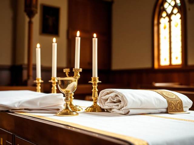 Cáliz, velas y ornamentos litúrgicos preparados en la sacristía