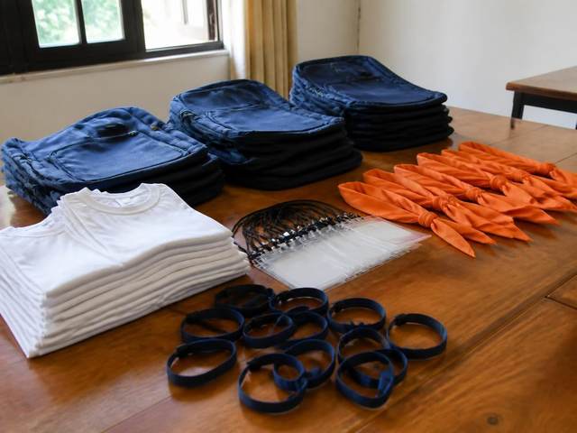 Mochilas, camisetas, pañuelos y credenciales preparados para un encuentro parroquial