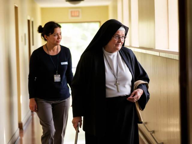 Profesional acompañando a una religiosa mayor por el pasillo de una casa religiosa