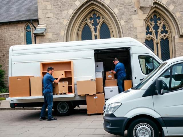 Operarios cargando mobiliario y material en una furgoneta junto a una iglesia